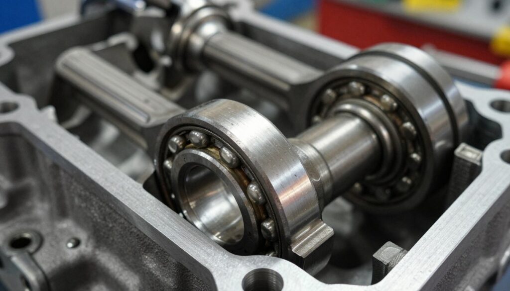 A close-up image of an automotive engine's crankshaft and bearing assembly, prominently featuring a rotated bearing shell, highlighting its irregular position. In the foreground, focus on the intricately detailed bearing with visible wear marks and scratches, illuminated by soft, diffused lighting to accentuate texture. The middle ground contains the crankshaft, showcasing its polished metal surface with reflections. The background should be slightly blurred, suggesting a workshop environment, with tools and engine parts dimly visible. Capture the scene from a slightly elevated angle, creating a sense of depth. The mood should be technical and clinical, emphasizing the importance of precision in automotive mechanics while conveying the potential consequences of bearing failure. A close-up image of an automotive engine's crankshaft and bearing assembly, prominently featuring a rotated bearing shell, highlighting its irregular position. In the foreground, focus on the intricately detailed bearing with visible wear marks and scratches, illuminated by soft, diffused lighting to accentuate texture. The middle ground contains the crankshaft, showcasing its polished metal surface with reflections. The background should be slightly blurred, suggesting a workshop environment, with tools and engine parts dimly visible. Capture the scene from a slightly elevated angle, creating a sense of depth. The mood should be technical and clinical, emphasizing the importance of precision in automotive mechanics while conveying the potential consequences of bearing failure.