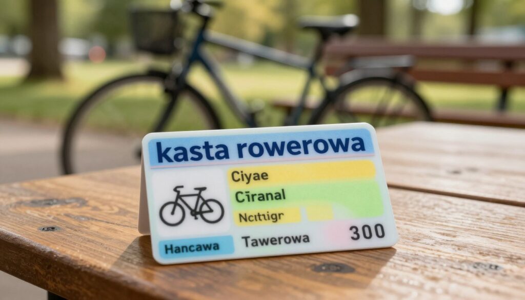 A close-up view of a bicycle license card, known as "karta rowerowa," prominently displayed on a wooden table. The card should feature vivid colors, clearly showcasing essential details such as the name, the issuing authority, and the unique card number. In the background, a blurred scene of a bicycle leaning against a park bench suggests a recreational environment, enhancing the biking theme. Soft natural light filters through the trees, creating a warm, inviting atmosphere. The composition should have a shallow depth of field to focus on the card while the background remains softly out of focus, emphasizing the importance of this document for cyclists. Capture the essence of responsibility and safety associated with biking.