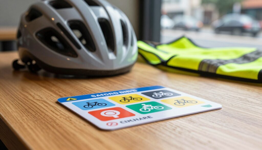 A close-up view of a bicycle safety card lying on a textured wooden table, with a soft focus on a bicycle helmet and reflective vest in the background. The card features vibrant colors and icons that represent cycling rights and road privileges, including symbols for bike lanes and safety rules. A faint sunlight filters through a window, casting gentle shadows and creating a warm, inviting atmosphere. In the depth of the image, an urban street scene can be seen, hinting at a cyclist navigating through traffic with confidence. The composition is balanced, with a thoughtful arrangement that draws attention to the card while conveying a sense of authority and safety on the road.