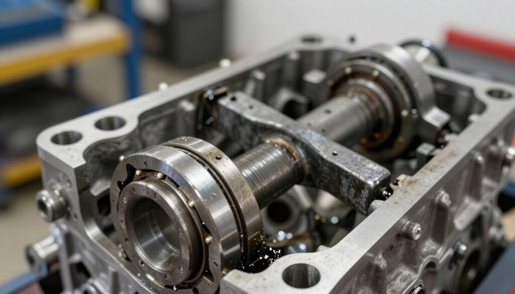 A close-up view of a damaged engine crankshaft and main bearing, showcasing visible wear and tear. The scene highlights metal shavings and oil leaks to underline signs of a worn-out engine component. In the foreground, focus on the distressed bearing with scratches and discoloration, while the middle layer features the crankshaft and surrounding engine parts slightly blurred but recognizable. In the background, a blurred representation of an automotive workshop environment with tools and engine components creates context. Soft, diffused lighting enhances the details but maintains an industrial atmosphere. Capture this from a slightly angled perspective for depth, conveying a sense of urgency in identifying engine issues while remaining informative and professional. A close-up view of a damaged engine crankshaft and main bearing, showcasing visible wear and tear. The scene highlights metal shavings and oil leaks to underline signs of a worn-out engine component. In the foreground, focus on the distressed bearing with scratches and discoloration, while the middle layer features the crankshaft and surrounding engine parts slightly blurred but recognizable. In the background, a blurred representation of an automotive workshop environment with tools and engine components creates context. Soft, diffused lighting enhances the details but maintains an industrial atmosphere. Capture this from a slightly angled perspective for depth, conveying a sense of urgency in identifying engine issues while remaining informative and professional.