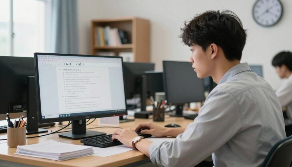 A focused examination room setting, showcasing a student seated at a desk, diligently answering multiple-choice questions on a computer. The foreground features the student, a young adult dressed in smart casual attire, exhibiting concentration and determination. In the middle ground, a computer screen displays a timer counting down, symbolizing the exam's time pressure. The background includes a simple and organized classroom environment, with shelves holding textbooks and a clock on the wall indicating the remaining time. Soft, natural lighting enters through a window, creating a calm yet tense atmosphere, capturing the essence of an important theoretical driving exam. The overall mood conveys a sense of urgency and focus without distractions. A focused examination room setting, showcasing a student seated at a desk, diligently answering multiple-choice questions on a computer. The foreground features the student, a young adult dressed in smart casual attire, exhibiting concentration and determination. In the middle ground, a computer screen displays a timer counting down, symbolizing the exam's time pressure. The background includes a simple and organized classroom environment, with shelves holding textbooks and a clock on the wall indicating the remaining time. Soft, natural lighting enters through a window, creating a calm yet tense atmosphere, capturing the essence of an important theoretical driving exam. The overall mood conveys a sense of urgency and focus without distractions.