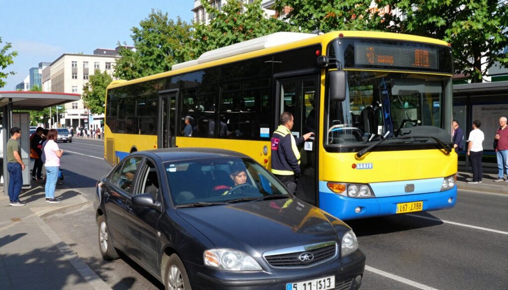 A busy urban road scene depicting a bus stopped at a bus stop without a lay-by. In the foreground, a professional-looking driver maneuvering a car with caution while safely passing the bus, ensuring adherence to traffic regulations. The middle ground features the large, brightly-colored bus with passengers waiting at the stop, some wearing casual clothes. The background includes city buildings and trees, with a clear blue sky above. The image should capture a moment of safe driving, implying a level of concentration and awareness. The lighting is natural, mimicking a sunny day, and the angle showcases the side view of the bus and driver, emphasizing the interaction between the bus, the car, and the safety measures in place. The atmosphere is calm yet focused, illustrating responsible driving behavior.