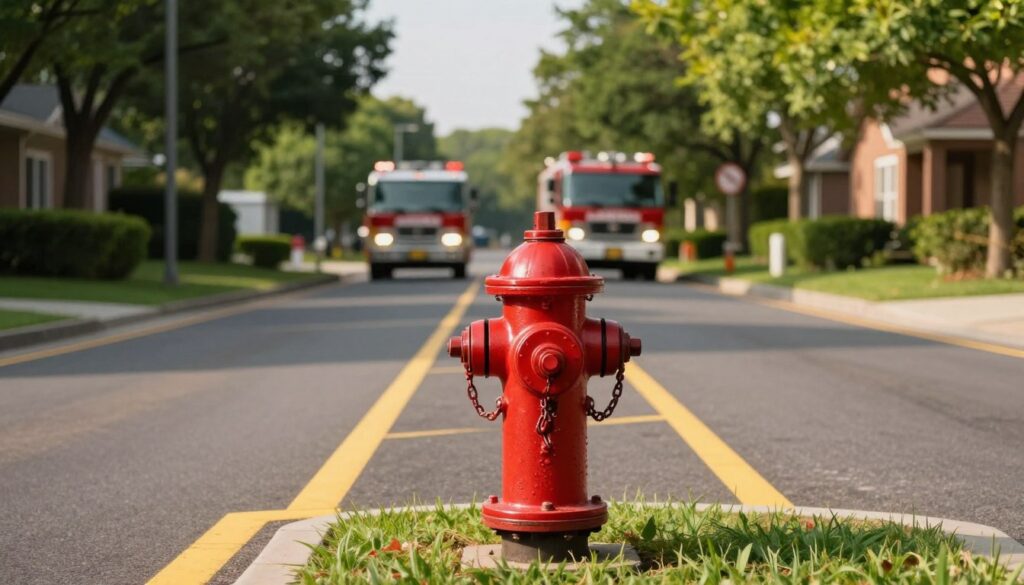 A clear view of a fire access road, showcasing a vibrant red fire hydrant prominently in the foreground. The road is marked with bright yellow lines, indicating a no-parking zone, surrounded by lush green trees and a well-maintained grassy area. In the middle ground, an emergency vehicle is parked near the hydrant, emphasizing the importance of accessibility for fire services. The background features a residential building, slightly blurred, to maintain focus on the road and hydrant. The lighting is warm and soft, simulating a sunny day, casting gentle shadows. The overall mood conveys a sense of urgency and importance, highlighting the vital nature of keeping fire access pathways clear.