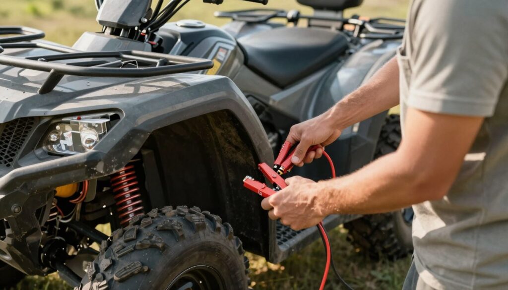 A close-up of a person in modest casual clothing performing an emergency jump-start on a quad bike with a weak battery using jumper cables. The foreground showcases the person's hands connecting the cables to the quad's battery, emphasizing the technical details of the connections. The middle ground includes the quad bike, gleaming in the sunlight, displaying its rugged design and off-road features. In the background, a grassy terrain hints at an outdoor adventure setting. The scene is well-lit, with soft sunlight casting gentle shadows, creating a warm and proactive atmosphere. The focus is sharp on the action, conveying urgency and determination to get the quad running. A close-up of a person in modest casual clothing performing an emergency jump-start on a quad bike with a weak battery using jumper cables. The foreground showcases the person's hands connecting the cables to the quad's battery, emphasizing the technical details of the connections. The middle ground includes the quad bike, gleaming in the sunlight, displaying its rugged design and off-road features. In the background, a grassy terrain hints at an outdoor adventure setting. The scene is well-lit, with soft sunlight casting gentle shadows, creating a warm and proactive atmosphere. The focus is sharp on the action, conveying urgency and determination to get the quad running.