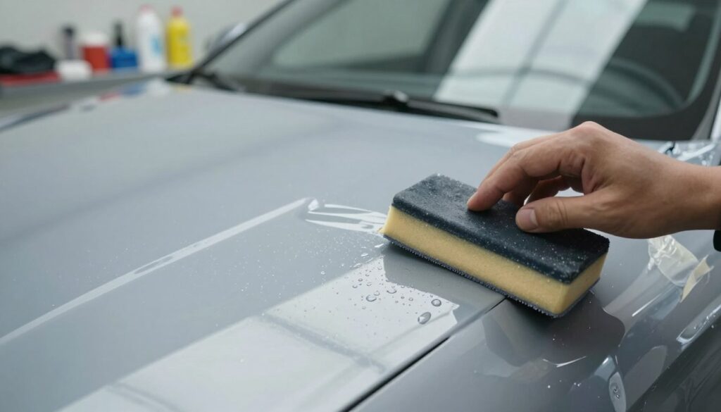 A close-up view of a car surface being polished, focusing on the water sanding process with a clear coat being applied. In the foreground, a wet sanding block is gliding over a repaired paint chip, with fine droplets of water reflecting light. The middle ground showcases a shiny automotive surface partially masked with painter's tape to depict meticulous work. In the background, softly blurred garage tools and supplies create a realistic workshop ambiance. The lighting is bright and natural, emphasizing the reflective quality of the clear coat, while the camera angle is slightly tilted to provide depth. The mood is calm and professional, illustrating the careful technique involved in touch-up painting and polishing.