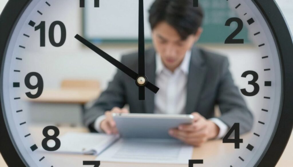 A close-up view of a conceptual clock with ticking hands to symbolize time limits in a theoretical driving exam. The foreground features the clock’s intricate details, with each hour marked clearly. In the middle, include a blurred image of a candidate focused on answering questions on a digital tablet, dressed in professional business attire, showing concentration. The background depicts a classroom setting with soft lighting, emphasizing the atmosphere of an examination. The entire scene should have a calm yet tense mood, capturing the importance of time management in test scenarios, with a slight vignette effect to draw focus towards the clock and candidate. A close-up view of a conceptual clock with ticking hands to symbolize time limits in a theoretical driving exam. The foreground features the clock’s intricate details, with each hour marked clearly. In the middle, include a blurred image of a candidate focused on answering questions on a digital tablet, dressed in professional business attire, showing concentration. The background depicts a classroom setting with soft lighting, emphasizing the atmosphere of an examination. The entire scene should have a calm yet tense mood, capturing the importance of time management in test scenarios, with a slight vignette effect to draw focus towards the clock and candidate.