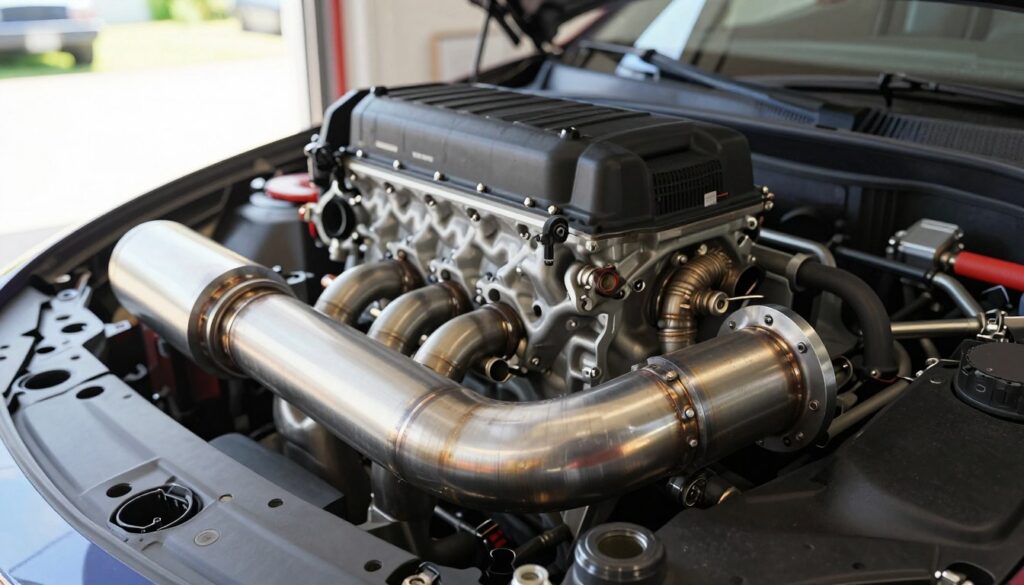 A close-up view of a diesel engine with a newly installed downpipe, showcasing vibrant metal textures and intricate exhaust components. In the foreground, the downpipe gleams under bright daylight, with attention to detail capturing the reflections and contours of the metal. In the middle ground, the engine's bay is visible, emphasizing the mechanical elegance with tools and components neatly arranged beside it. In the background, a blurred image of an open garage door highlights a sunny day, enhancing the ambiance. The scene conveys a sense of power and sophistication in automotive engineering, emphasizing the sound and performance improvements associated with a downpipe modification. Soft, natural lighting enhances the textures, creating a professional and inviting atmosphere.