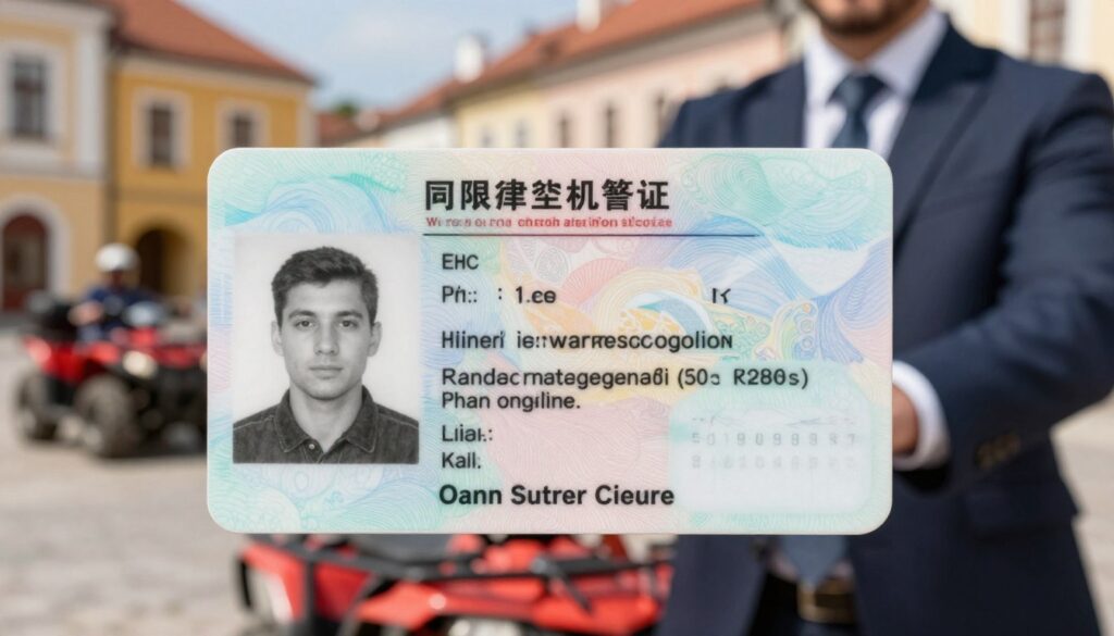 A close-up view of a driver's license specifically for quad bike operation, set against a blurred outdoor backdrop of a vibrant Polish street scene. The license should prominently feature essential details such as the driver's photograph, name, and classification for quad bike operation, with intricate security features visible. Soft, natural lighting highlights the texture of the card and casts gentle shadows, creating depth. In the foreground, a professional individual in modest business attire holds the license, exuding confidence and authority. The atmosphere is one of legality and safety, reinforcing the importance of proper licensing for quad biking. The background hints at typical Polish architecture, enhancing the context without detracting from the primary focus on the license.