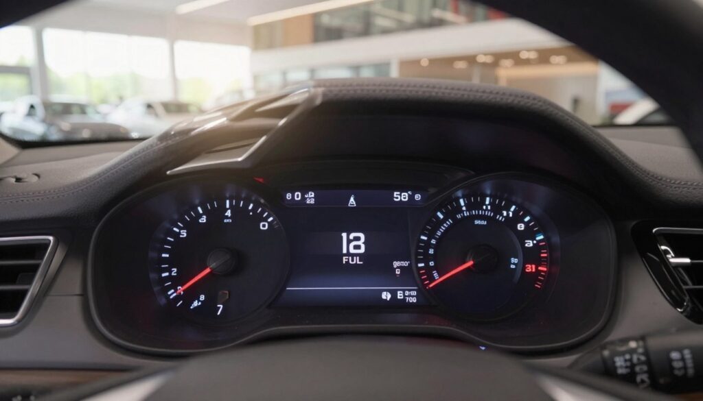 A close-up view of a fuel gauge in a modern car dashboard, indicating a full tank. The foreground features the sleek, illuminated dashboard with vibrant LED lights, reflecting a sense of anticipation. In the middle ground, the steering wheel is partially visible, hinting at a new vehicle just driven off the lot. The background subtly showcases a dealership setting, with clean lines and an array of new cars through large windows, creating a sense of professionalism. Soft, warm lighting enhances the inviting atmosphere, while a slight depth of field blurs the background, focusing attention on the full fuel gauge. The overall mood is optimistic and fresh, highlighting the excitement of owning a new car.