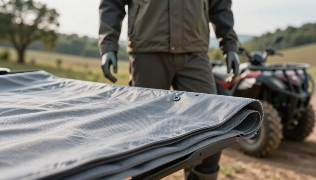 A close-up view of a high-performance waterproof membrane fabric designed for outdoor clothing. The foreground features intricate details of the membrane, showcasing its texture and layered construction, emphasizing breathability and moisture-wicking properties. In the middle, a mannequin is dressed in rugged, stylish outdoor wear suitable for quad biking, underscoring fit and comfort. The background is a scenic outdoor landscape, with soft natural lighting filtering through trees, creating a serene atmosphere. The focus is sharp on the fabric, while the surrounding elements are slightly blurred to enhance depth, inviting viewers to consider the quality and construction of protective clothing. The overall mood conveys adventure and safety in nature. A close-up view of a high-performance waterproof membrane fabric designed for outdoor clothing. The foreground features intricate details of the membrane, showcasing its texture and layered construction, emphasizing breathability and moisture-wicking properties. In the middle, a mannequin is dressed in rugged, stylish outdoor wear suitable for quad biking, underscoring fit and comfort. The background is a scenic outdoor landscape, with soft natural lighting filtering through trees, creating a serene atmosphere. The focus is sharp on the fabric, while the surrounding elements are slightly blurred to enhance depth, inviting viewers to consider the quality and construction of protective clothing. The overall mood conveys adventure and safety in nature.