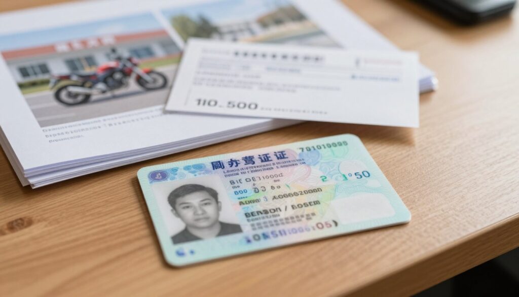 A close-up view of a newly issued driving license on a wooden desk, with a small stack of official documents (including a receipt of payment for 100.50 zł) in the background. The license should be prominently displayed in the foreground, revealing the intricate design details like the hologram and personal information, while ensuring privacy and anonymity. Soft, natural lighting illuminates the scene, creating a warm, inviting atmosphere, with shadows adding depth. In the background, blurred images of a motorcycle and a driving school building suggest the context of motorbike licensing. The angle should be slightly above the desk level, providing a sense of engagement with the subject while maintaining a professional tone suitable for an informative piece.