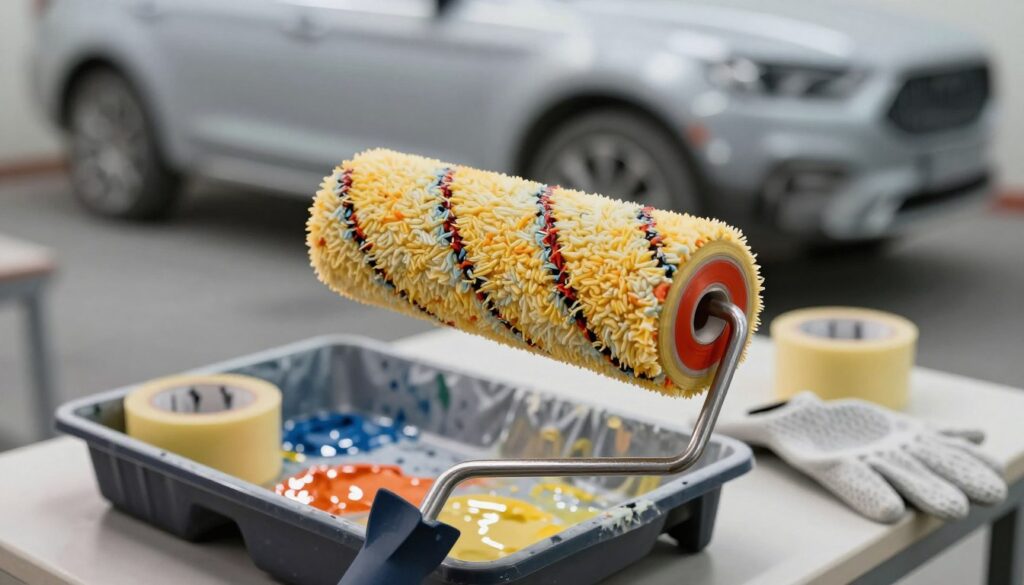 A close-up view of a painter's roller (wałek malarski) prominently displayed in the foreground, showcasing its textured surface and vibrant colors of paint. The roller should be partially dipped in a fresh coat of glossy automotive paint, glistening under soft, warm lighting. In the middle ground, a neatly arranged set of painting accessories, including a paint tray, masking tape, and gloves, creates a professional atmosphere. The background features a blurred view of an automobile body, partially prepared for painting, suggesting a workspace with a clean and organized appearance. The overall mood is focused and industrious, emphasizing the tools and materials essential for effective automotive painting.