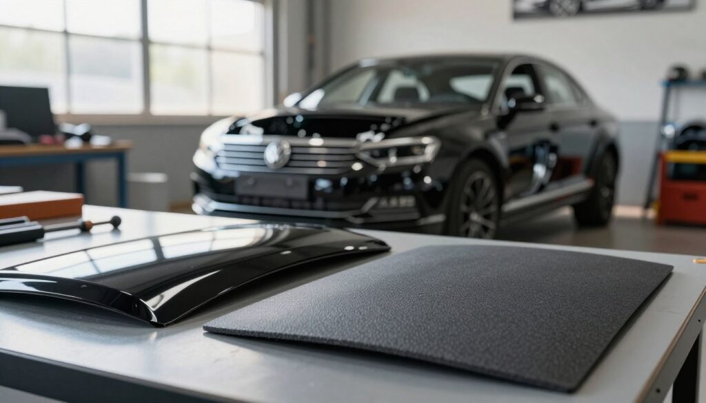 A close-up view of car body materials specifically used for the Passat B5 body kit. The foreground features three distinct material samples: a glossy black ABS, a textured polyurethane, and a matte fiberglass laminate, each showcased on a polished surface. In the middle, an elegant, partially visible Passat B5 silhouette emphasizes the integration of these materials, hinting at their application in a stylish body kit. The background consists of a soft-focus workshop setting with tools and car parts, creating a productive atmosphere filled with sunlight filtering through large windows. The lighting is bright yet diffused, enhancing the materials' features and textures. Capture a mood of craftsmanship and innovation, ideal for automotive enthusiasts and designers.