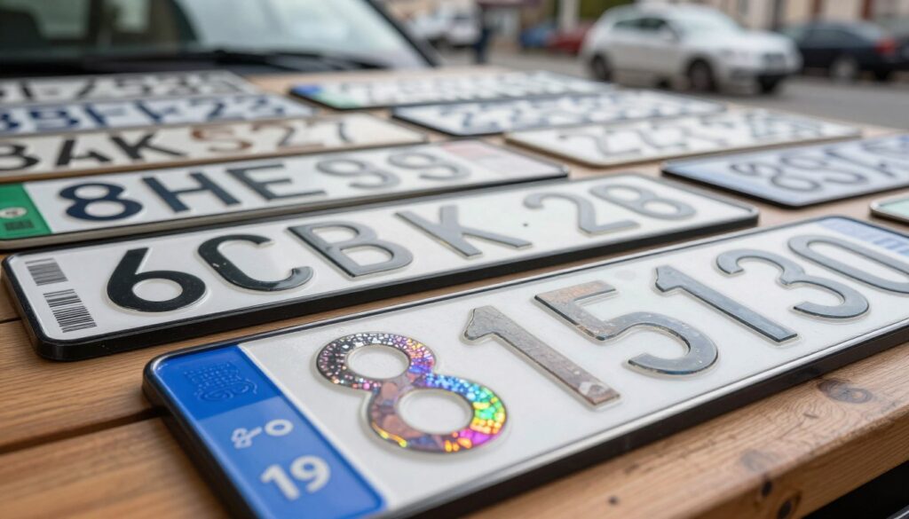 A close-up view of vehicle registration stickers and security features displayed on various Polish license plates, arranged artistically on a wooden surface. In the foreground, highlight intricate details of holographic stickers, barcodes, and anti-tampering elements that showcase their design and technological sophistication. The middle layer should feature different types of Polish license plates in varied colors and styles, clearly displaying their distinctive markings. The background can include a soft-focus of a blurred urban setting to imply a connection to vehicles on the road. Use soft, natural lighting to create a professional and informative atmosphere, with a focus on clarity and detail. The overall mood should be educational and engaging, emphasizing the importance of these security features. A close-up view of vehicle registration stickers and security features displayed on various Polish license plates, arranged artistically on a wooden surface. In the foreground, highlight intricate details of holographic stickers, barcodes, and anti-tampering elements that showcase their design and technological sophistication. The middle layer should feature different types of Polish license plates in varied colors and styles, clearly displaying their distinctive markings. The background can include a soft-focus of a blurred urban setting to imply a connection to vehicles on the road. Use soft, natural lighting to create a professional and informative atmosphere, with a focus on clarity and detail. The overall mood should be educational and engaging, emphasizing the importance of these security features.