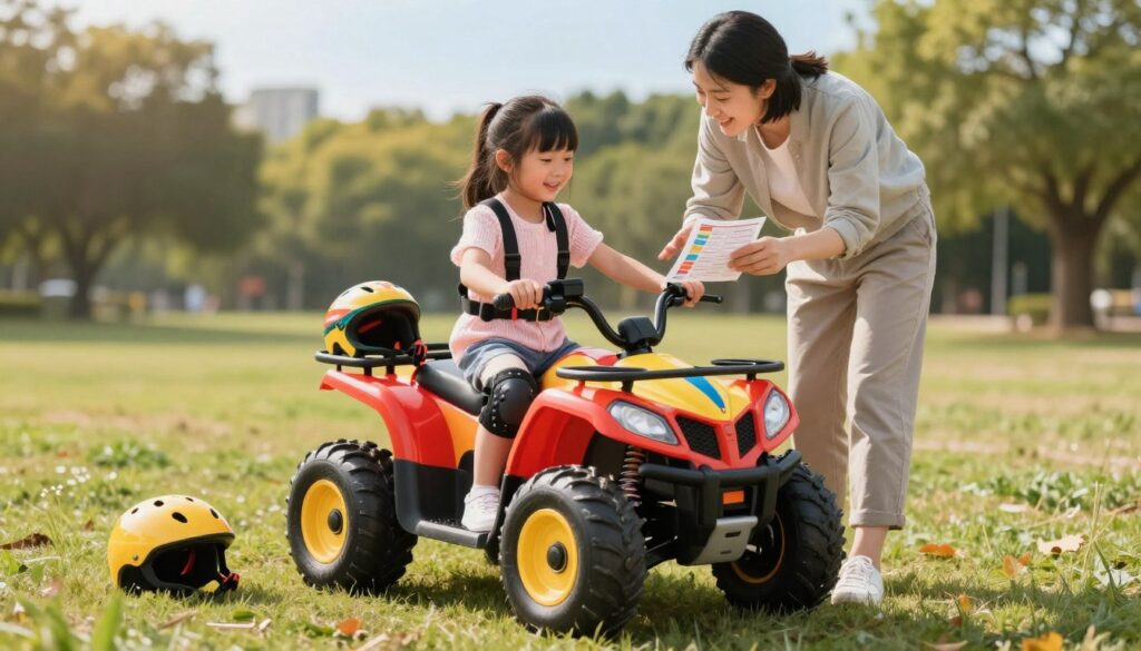A colorful, sturdy children’s quad bike parked on a grassy field, surrounded by safety gear like a helmet and knee pads, emphasizing a safe environment. In the foreground, the quad's vibrant design showcases bright colors suitable for a girl, with features like soft edges and secure handles for easy grip. The middle ground features a gentle, caring adult, dressed in modest casual clothing, demonstrating safe riding practices while holding a safety checklist, visually reinforcing safety measures. The background features a sunny park setting with trees and a clear sky, casting a warm, inviting light on the scene. The mood is cheerful and reassuring, stimulating a sense of safety and fun in outdoor activities.