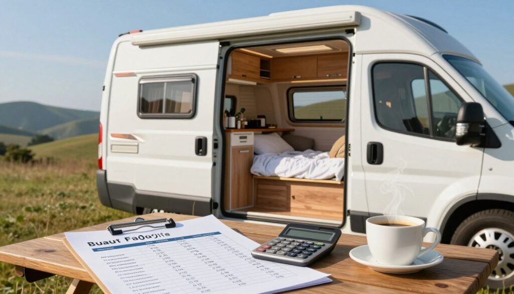 A compact mini camper designed for two people, parked in a picturesque, natural setting with a backdrop of rolling hills and a clear blue sky. In the foreground, an open camper door reveals a cozy interior, with a neatly made bed and a small kitchenette. The sunlight streams in, creating a warm and inviting atmosphere. On a nearby picnic table, a budget sheet with illustrated costs for purchasing and maintaining the camper lies next to a calculator and a steaming cup of coffee. The composition captures a sense of adventure and practicality, while highlighting the importance of budgeting for such cheerful yet essential experiences. The image should use soft lighting to evoke a peaceful, serene mood, emphasizing the joys of travel and careful planning.
