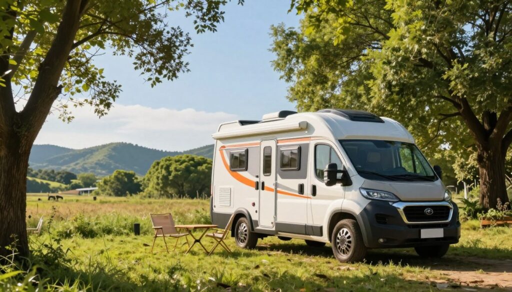 A cozy, compact mini camper designed for two people is parked in an idyllic natural setting. In the foreground, the mini camper features a sleek, modern design with large windows, vibrant colors, and outdoor equipment such as a folding chair and portable table. The middle ground showcases a serene landscape, including lush green trees and a clear blue sky, with soft sunlight filtering through the leaves, creating a warm and inviting atmosphere. In the background, rolling hills add depth to the scene. The image is captured from a slightly elevated angle, providing an overview of the camper's cozy exterior and surroundings. The mood is peaceful and adventurous, highlighting the ideal escape for couples seeking comfort on their travels.