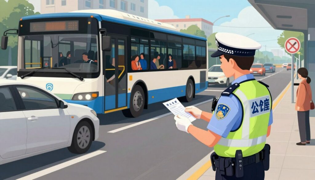 A detailed and informative illustration depicting a traffic scene involving a bus at a bus stop without a pull-in bay. In the foreground, show a police officer in a professional uniform issuing a citation or ticket, emphasizing the concept of fines and penalty points for improper overtaking. In the middle ground, illustrate a bus with passengers visible through the windows, indicating its importance in public transport. The background features a busy urban environment with cars, pedestrians, and road signs. Use bright and clear lighting, capturing a daytime atmosphere. Employ a slightly angled perspective to create depth and focus on the interaction between the officer and the driver. The overall mood should be serious yet informative, reflecting the importance of understanding traffic regulations.