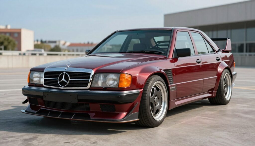 A detailed arrangement of components for a Mercedes 190 Evo 2 body kit displayed prominently in the foreground. Include parts such as a sleek front bumper, sculpted side skirts, an aggressive rear spoiler, and sporty fenders, all showcasing their high-quality finish and aerodynamic design. The middle ground features a well-maintained Mercedes 190 Evo 2 in a dynamic angle that emphasizes its iconic shape, set against a soft blurred urban background with a clear blue sky. Use natural lighting to create realistic reflections on the car's surface, capturing the essence of high-performance aesthetics. The mood should exude a sense of aspiration and automotive passion, appealing to fans of classic car modifications. Focus on rich colors and sharp details to enhance the visual impact.