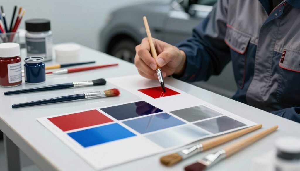 A detailed close-up image of a paint selection process for automotive touch-up, focusing on various paint swatches laid out on a sleek workbench. In the foreground, there are several color samples in vibrant automotive hues, including classic red, deep blue, and metallic silver, alongside matching paintbrushes and applicators. The middle layer features a professional applying the correct shade to a small chip on a car door, dressed in a tidy work uniform. The background reveals a workshop setting with soft, diffused lighting to create a calm atmosphere, highlighting the organized, clean workspace with paint cans and tools neatly arranged. The mood is focused and technical, emphasizing precision in color matching and repair work.