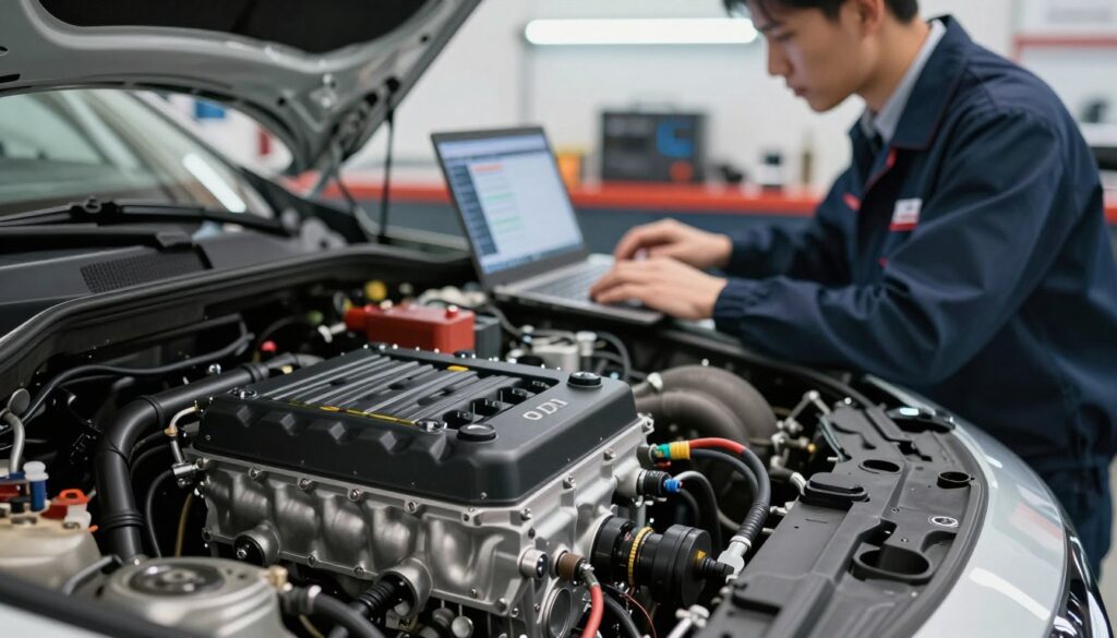 A detailed close-up of a car engine, specifically focusing on the 2.0 TDI turbocharged engine components with highlighted areas showing modifications for chip tuning. In the foreground, intricate details of the engine's control unit and wiring should be visible. In the middle ground, a mechanic wearing professional business attire is using a laptop to analyze tuning software, showcasing a serious and focused expression. The background features blurred garage tools and tuning equipment, enhancing the automotive workshop atmosphere. Soft, natural lighting from overhead fluorescent fixtures creates a clean and professional environment. The overall mood is technical and informative, reflecting the complexity and individuality of engine tuning pricing. A detailed close-up of a car engine, specifically focusing on the 2.0 TDI turbocharged engine components with highlighted areas showing modifications for chip tuning. In the foreground, intricate details of the engine's control unit and wiring should be visible. In the middle ground, a mechanic wearing professional business attire is using a laptop to analyze tuning software, showcasing a serious and focused expression. The background features blurred garage tools and tuning equipment, enhancing the automotive workshop atmosphere. Soft, natural lighting from overhead fluorescent fixtures creates a clean and professional environment. The overall mood is technical and informative, reflecting the complexity and individuality of engine tuning pricing.