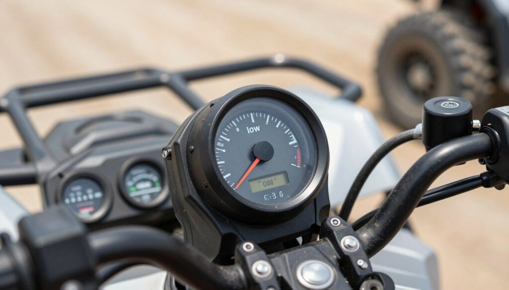 A detailed close-up of a fuel gauge on an all-terrain vehicle (ATV) dashboard, prominently showing the fuel level indicator pointing to "low," with a rugged outdoor background blurred in soft focus. In the foreground, the gauge is sharply in focus, surrounded by other essential indicators like oil and battery status. The lighting is natural, simulating bright daylight, enhancing the colors of the dashboard and the machine's metallic surfaces. The mood conveys a sense of urgency and preparation, as if one is getting ready to start their adventure. The image should evoke the importance of checking fuel and other essentials before starting the quad, without any text or distractions. A detailed close-up of a fuel gauge on an all-terrain vehicle (ATV) dashboard, prominently showing the fuel level indicator pointing to "low," with a rugged outdoor background blurred in soft focus. In the foreground, the gauge is sharply in focus, surrounded by other essential indicators like oil and battery status. The lighting is natural, simulating bright daylight, enhancing the colors of the dashboard and the machine's metallic surfaces. The mood conveys a sense of urgency and preparation, as if one is getting ready to start their adventure. The image should evoke the importance of checking fuel and other essentials before starting the quad, without any text or distractions.
