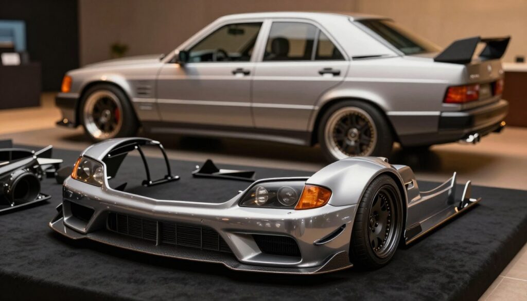 A detailed collection of Mercedes 190 body kit components, artistically arranged on a sleek black surface. In the foreground, showcase a front bumper with air intakes and a sporty splitter, accompanied by side skirts and a rear diffuser emphasizing performance. In the middle ground, display unique fenders and a stylish rear spoiler that enhances the classic look. The background features a softly blurred outline of a Mercedes 190 in a showroom, illuminated by warm, ambient lighting that highlights the glossy finishes of the body kit. Use a shallow depth of field to focus on the elements while maintaining a sense of elegance and professionalism. The overall mood should convey sophistication and passion for automotive tuning.