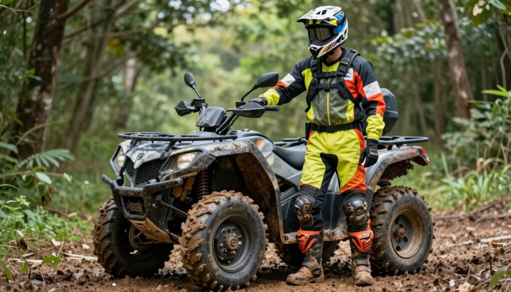 A detailed depiction of an off-road quad bike rider dressed appropriately for an adventurous expedition through muddy terrain. In the foreground, a rugged individual wearing durable, waterproof gear including a helmet, gloves, and reinforced boots stands confidently beside a quad bike. The rider's outfit is vivid, featuring bright colors to enhance visibility, while ensuring features like knee pads and elbow guards highlight safety. In the middle, the quad bike glistens with mud splatters, showcasing its powerful design. The background consists of a lush, slightly blurred forest, indicating the challenging environment, with soft sunlight filtering through the trees, creating a dynamic, adventurous atmosphere. The scene captures the essence of preparedness for both comfort and safety in off-road riding. The composition should evoke excitement and a sense of adventure. A detailed depiction of an off-road quad bike rider dressed appropriately for an adventurous expedition through muddy terrain. In the foreground, a rugged individual wearing durable, waterproof gear including a helmet, gloves, and reinforced boots stands confidently beside a quad bike. The rider's outfit is vivid, featuring bright colors to enhance visibility, while ensuring features like knee pads and elbow guards highlight safety. In the middle, the quad bike glistens with mud splatters, showcasing its powerful design. The background consists of a lush, slightly blurred forest, indicating the challenging environment, with soft sunlight filtering through the trees, creating a dynamic, adventurous atmosphere. The scene captures the essence of preparedness for both comfort and safety in off-road riding. The composition should evoke excitement and a sense of adventure.