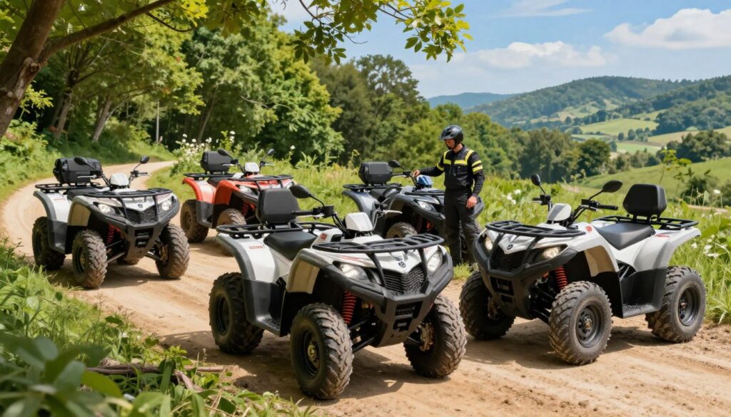 A detailed illustration showcasing a variety of quad bikes, including models with engine capacities of 250, 500, 700, and 1000 cm³. The scene is set in a vibrant outdoor environment, featuring a winding trail through a lush green forest, with sunlight filtering through the trees, creating dappled shadows on the ground. In the foreground, several quad bikes are parked at different angles, showcasing their distinct designs and colors, with realistic textures on their bodies. The middle ground features an individual in professional riding gear, inspecting a quad, emphasizing safety and responsibility. The background includes a scenic view of rolling hills and clear blue skies, conveying a sense of adventure and outdoor exploration. The atmosphere is engaging and professional, highlighting the importance of proper licensing for each vehicle type.