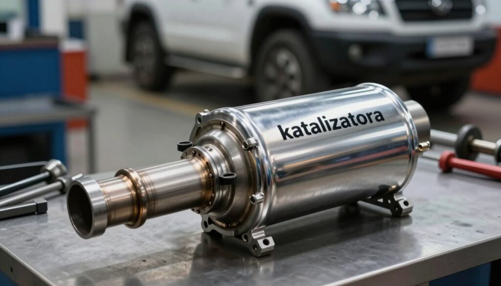 A detailed image of a "katalizatora" (catalytic converter) designed for a diesel engine, prominently displayed in the foreground. The catalytic converter is shiny and metallic, showcasing intricate details and the unique structure of its internal components. In the middle ground, blurred mechanics tools and vehicle parts hint at a workshop environment. In the background, the silhouette of a parked diesel vehicle suggests the context of automotive performance. The lighting is bright and focused, emphasizing the reflective surfaces of the katalizatora while casting subtle shadows that add depth. The mood is technical and professional, evoking a sense of engineering precision and innovation. Capture this scene from a slight low-angle perspective to enhance the subject's importance and detail.