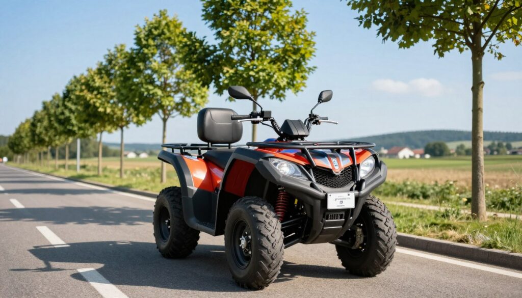 A detailed image of a quad bike parked on a scenic public road in Poland, showcasing its homologation status to highlight its suitability for legal street use. In the foreground, the quad is polished and well-maintained, displaying a clear homologation plate, with vibrant colors and modern design. The middle ground features a few trees along the roadside, lush greenery, and a clear blue sky, reflecting a sunny day. In the background, you can see distant hills and a glimpse of a small village, conveying a peaceful rural atmosphere. Soft sunlight casts gentle shadows, enhancing the quad's features. The image captures a sense of adventure and freedom while remaining professional and suitable for an article on the topic of quad biking legality in public spaces.
