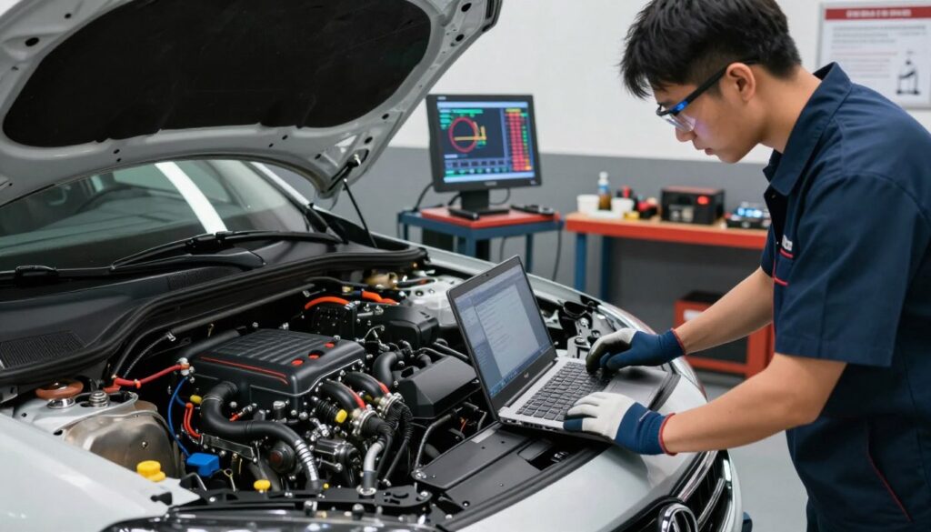 A detailed scene depicting a modern car engine undergoing chip tuning. In the foreground, a skilled automotive technician in a professional outfit, wearing safety glasses and gloves, is connecting a laptop to the car's onboard computer. The engine is open, showcasing its intricate components with vibrant details, including hoses and electrical connections. In the middle, a rolling dyno machine is visible, demonstrating powerful statistics on its screen, emphasizing performance enhancements. The background features a well-lit automotive workshop with tools neatly arranged. The atmosphere is lively and focused, with soft overhead lighting highlighting the technical setup. The angle should capture the technician's concentration and the high-tech environment, evoking a sense of precision and professionalism in the tuning process. A detailed scene depicting a modern car engine undergoing chip tuning. In the foreground, a skilled automotive technician in a professional outfit, wearing safety glasses and gloves, is connecting a laptop to the car's onboard computer. The engine is open, showcasing its intricate components with vibrant details, including hoses and electrical connections. In the middle, a rolling dyno machine is visible, demonstrating powerful statistics on its screen, emphasizing performance enhancements. The background features a well-lit automotive workshop with tools neatly arranged. The atmosphere is lively and focused, with soft overhead lighting highlighting the technical setup. The angle should capture the technician's concentration and the high-tech environment, evoking a sense of precision and professionalism in the tuning process.