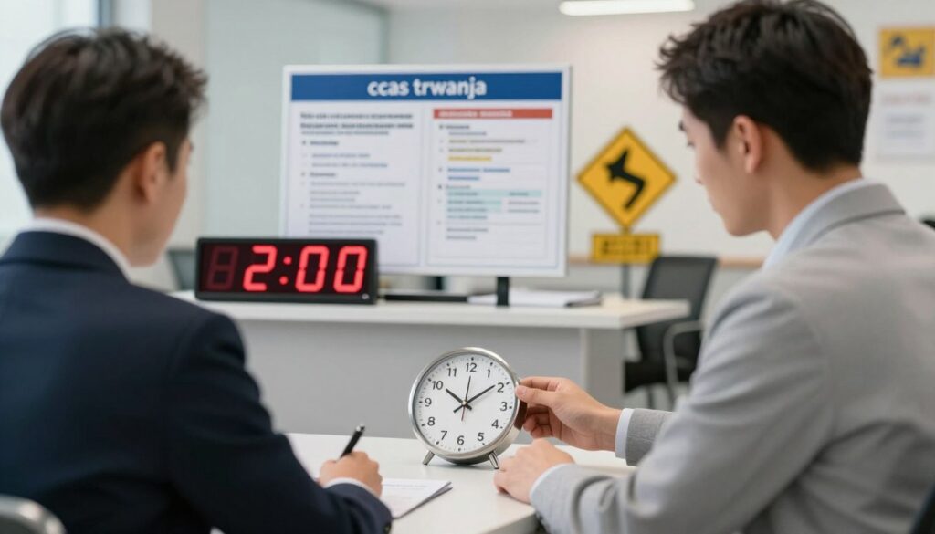 A detailed scene illustrating the concept of "czas trwania" (duration) related to a driving theory exam. In the foreground, a professional examiner in business attire is seated at a desk, reviewing a clock with a clear focus on the time. In the middle ground, a digital display showing a countdown timer is set against a backdrop of instructional materials and traffic signs, symbolizing the test environment. The background features soft, ambient lighting to create a calm atmosphere, with a modern classroom setting that suggests focus and diligence. The image should be taken from an eye-level angle to draw the viewer into the scene, emphasizing the importance of timing in the exam process. A detailed scene illustrating the concept of "czas trwania" (duration) related to a driving theory exam. In the foreground, a professional examiner in business attire is seated at a desk, reviewing a clock with a clear focus on the time. In the middle ground, a digital display showing a countdown timer is set against a backdrop of instructional materials and traffic signs, symbolizing the test environment. The background features soft, ambient lighting to create a calm atmosphere, with a modern classroom setting that suggests focus and diligence. The image should be taken from an eye-level angle to draw the viewer into the scene, emphasizing the importance of timing in the exam process.