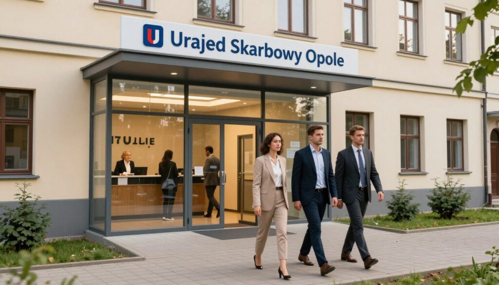 A detailed view of the Urząd Skarbowy Opole, the tax office in Opole, Poland, displayed as a modern, welcoming government building. In the foreground, a group of three diverse individuals dressed in professional business attire enters the building with determined expressions, symbolizing individuals addressing their financial responsibilities. In the middle ground, a clear glass entrance reveals a well-lit reception area with friendly staff assisting visitors. The background features the official signage of the Urząd Skarbowy Opole along with greenery and neatly maintained sidewalks. The scene is bathed in soft, warm daylight, creating an inviting atmosphere. Use a slightly elevated angle to capture the building's architectural details while conveying a sense of approachability and professionalism.