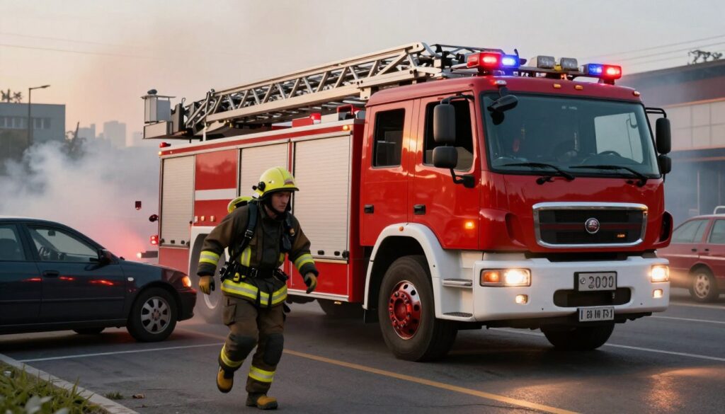 A dramatic scene depicting a fire truck rushing to the scene of an emergency, showcasing the urgency of a fire rescue operation. In the foreground, display a firefighter in full gear, focused and ready, capturing the intensity of the moment. The middle layer features a bright red fire truck with flashing lights and an extended ladder, perhaps hesitatingly navigating around a nearby parked car that blocks the road. In the background, show a smoky haze amidst a blurred urban landscape, highlighting the chaotic atmosphere of an emergency. The lighting is dynamic, with the sun setting, casting long shadows and reflecting off the shiny surfaces of the fire truck. Capture a sense of urgency and tension, emphasizing the critical nature of clear access for emergency services.