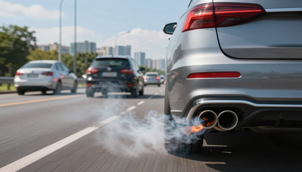 A dynamic scene depicting a modern car driving on a busy road, smoke gently billowing from the exhaust, indicating the process of DPF regeneration (wypalanie dpf). In the foreground, focus on the rear of the vehicle, highlighting the dual exhaust tips, with flames subtly visible in the exhaust. The middle layer showcases blurred motion of passing vehicles to convey speed and urgency, while the background captures a cityscape under a clear blue sky, hinting at lush greenery at the roadside. The image should be well-lit, using natural sunlight to enhance the brightness and clarity, creating a sense of movement and importance. The overall mood should combine urgency and professionalism, suitable for a technical automotive discussion.