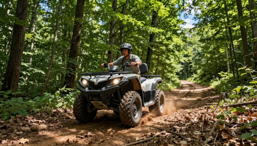 A dynamic scene depicting an all-terrain vehicle (quad) traversing a vibrant forest landscape. In the foreground, the quad is kicking up dirt and leaves, showcasing its rugged tires gripping the uneven terrain. The driver, dressed in a stylish yet modest casual outfit, has a confident expression as they maneuver through the wooded area. In the middle ground, tall trees with rich green foliage frame the scene, sunlight filtering through the leaves, creating dappled shadows on the ground. In the background, a winding dirt path leads into the deeper woods, hinting at adventure. The atmosphere is exhilarating and adventurous, with a clear blue sky peeking through the canopy above. The composition should emphasize motion and the sense of freedom experienced while riding in nature, without any human distractions or captions.