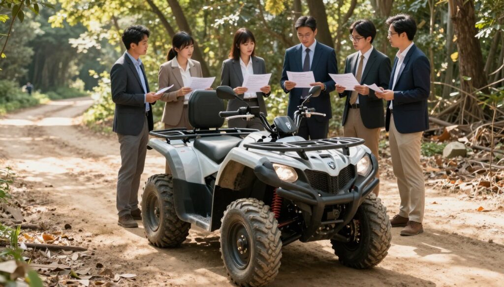 A dynamic shot of a quad bike parked on a dirt path in a forested area, showcasing its rugged design and off-road capabilities. In the foreground, include close-up details of the quad's features, such as the tires and the control panel, emphasizing its purpose for adventure. The middle ground features a diverse group of individuals, dressed in professional business attire, discussing the various types of driving licenses suitable for quad driving, with an air of camaraderie and focus. In the background, a soft sunlight filters through the trees, casting dappled shadows on the ground, creating a motivating and engaging atmosphere. The composition should be captured from a slightly elevated angle, enhancing the view of the quad bike and the group, inviting viewers to consider their own journey toward acquiring a license.