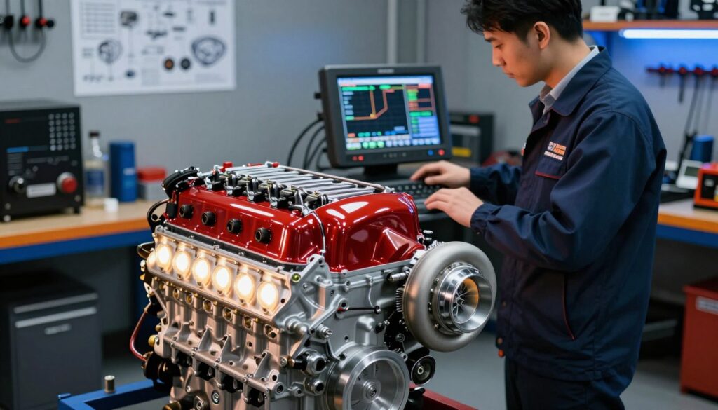 A high-performance car engine in a workshop setting, showcasing vibrant details of its internal components. In the foreground, the engine is illuminated with bright LED lights, highlighting its polished surfaces and intricate parts like pistons, valves, and turbochargers. The middle ground features a mechanic in professional business attire, intently analyzing an advanced diagnostic tool displaying performance metrics, symbolizing the connection between tuning and efficiency. In the background, a wall cluttered with tuning equipment and diagrams creates a technical atmosphere. Soft blue and orange lighting adds a dynamic contrast, while a slight depth of field blurs the background, ensuring the focus remains on the engine and mechanic. The overall mood conveys a sense of innovation and precision in performance tuning. A high-performance car engine in a workshop setting, showcasing vibrant details of its internal components. In the foreground, the engine is illuminated with bright LED lights, highlighting its polished surfaces and intricate parts like pistons, valves, and turbochargers. The middle ground features a mechanic in professional business attire, intently analyzing an advanced diagnostic tool displaying performance metrics, symbolizing the connection between tuning and efficiency. In the background, a wall cluttered with tuning equipment and diagrams creates a technical atmosphere. Soft blue and orange lighting adds a dynamic contrast, while a slight depth of field blurs the background, ensuring the focus remains on the engine and mechanic. The overall mood conveys a sense of innovation and precision in performance tuning.