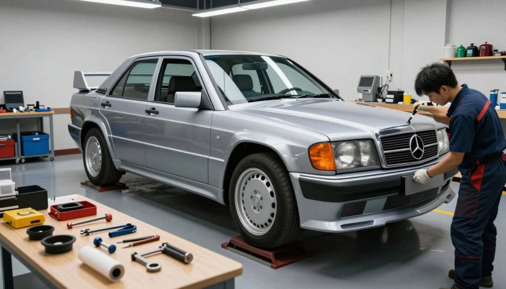 A mechanic in professional attire is skillfully installing a Mercedes 190 Evo 2 body kit on a sleek W201 chassis in a well-lit workshop. The foreground features tools and parts neatly arranged, emphasizing the detailed assembly process. In the middle, the car showcases a striking new body kit with aerodynamic lines and a glossy finish, capturing the iconic Evo 2 look. The background includes workshop equipment and vibrant overhead lights, creating a focused yet dynamic atmosphere. The overall mood conveys precision and craftsmanship, with soft shadows highlighting the contours of the body kit. The scene is shot from a slightly elevated angle to showcase both the car's profile and the meticulous work being done.