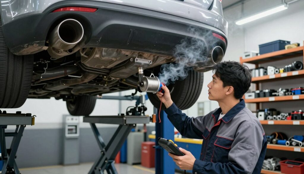 A modern automotive workshop featuring a mechanic inspecting a vehicle’s exhaust system, focusing on the Diesel Particulate Filter (DPF). In the foreground, the mechanic, dressed in a professional work uniform, is holding diagnostic equipment, looking intently at the DPF component beneath the car. The middle section shows a car lifted on a hydraulic jack, with tools scattered around, and visible smoke radiating from the DPF, indicating a potential burn-off process. The background consists of organized shelves filled with car parts and equipment, under bright fluorescent lighting that creates a clinical, serious atmosphere. The composition emphasizes the urgency of maintenance and highlights the technical details of DPF functionality, evoking a sense of challenge and diligence in problem-solving.