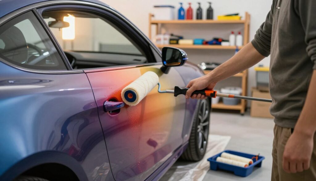 A professional and focused image of a person applying car paint with a roller in a well-lit garage setting. The foreground features a person in modest casual clothing, carefully rolling paint onto the side of a sleek, partially unmasked car, showcasing a vivid color. In the middle ground, the car is positioned on a protective tarp, with paint supplies such as trays and additional rollers visible. The background includes shelves stocked with painting equipment and tools, softly illuminated to create a warm atmosphere. The angle is slightly above eye level, capturing both the action of painting and the car's contours. The overall mood is industrious yet focused, emphasizing the DIY aspect of roller painting a car.