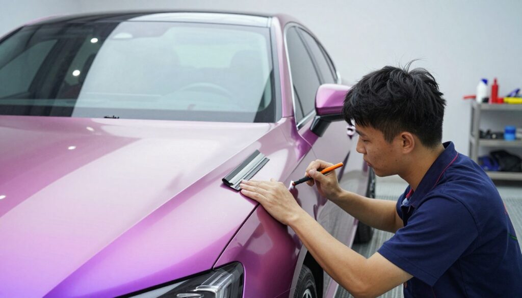 A professional car wrapping scene featuring a technician carefully applying a high-quality vinyl wrap to a sleek, modern car. The foreground shows the focused technician wearing a tidy uniform, using a squeegee to smooth out the wrap. In the middle ground, the partially wrapped car shines under bright workshop lighting, showcasing vibrant colors and patterns of the vinyl. The background reveals a well-organized workspace with tools and materials, enhancing the atmosphere of a professional car customization environment. The lighting is bright and even, emphasizing the details of the wrap and the car's design. The image exudes a sense of craftsmanship and precision in visual car tuning. A professional car wrapping scene featuring a technician carefully applying a high-quality vinyl wrap to a sleek, modern car. The foreground shows the focused technician wearing a tidy uniform, using a squeegee to smooth out the wrap. In the middle ground, the partially wrapped car shines under bright workshop lighting, showcasing vibrant colors and patterns of the vinyl. The background reveals a well-organized workspace with tools and materials, enhancing the atmosphere of a professional car customization environment. The lighting is bright and even, emphasizing the details of the wrap and the car's design. The image exudes a sense of craftsmanship and precision in visual car tuning.