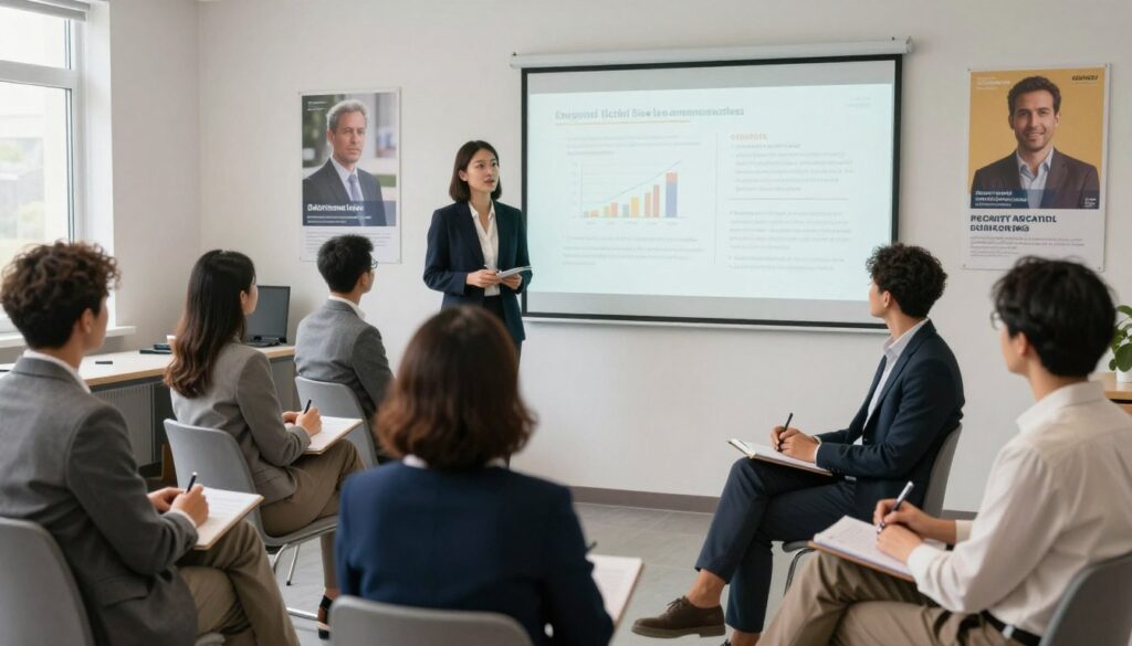 A professional classroom setting dedicated to an alcohol awareness course. In the foreground, a diverse group of adults in professional attire, engaged in a discussion, some taking notes. The middle includes a lecturer standing beside a whiteboard displaying alcohol statistics and prevention strategies, emphasizing education and support. The background features motivational posters about sobriety and personal growth. Soft, natural lighting brightens the room, creating an inviting atmosphere. The scene captures a sense of camaraderie, with expressions of determination and focus on the participants' faces, highlighting the importance of personal reflection and collective learning. A well-organized, educational environment promotes a positive approach to overcoming alcohol-related challenges.