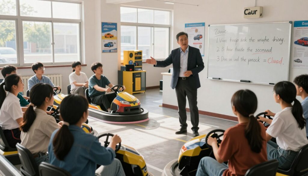 A professional driving instructor stands confidently in a modern driving school environment, engaging with a diverse group of eager students. The instructor, a middle-aged individual in smart business attire, gestures towards a mock driving area set up inside the school. The students, dressed in casual but neat clothing, listen attentively, showcasing a mix of enthusiasm and determination. Sunlight streams through large windows, illuminating the room and casting soft shadows that enhance the inviting atmosphere. In the background, various driving posters and equipment add context, while a whiteboard displays driving tips. The overall mood is focused and motivational, emphasizing preparation and support for upcoming driving exams. A wide-angle perspective captures both the instructor and the students, ensuring a dynamic composition.