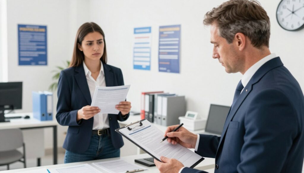 A professional examination office setting depicting an examiner verifying documents for a driver's theoretical exam. In the foreground, a middle-aged Caucasian male examiner in a smart business suit is reviewing a clipboard filled with forms. In the middle ground, a nervous young woman dressed in business casual attire, holding her identification documents, stands patiently waiting for her verification. The background features a well-organized office space with motivational posters on the wall, a desk cluttered with testing supplies, and a clock indicating the examination's timeline. The lighting is bright and natural, creating a welcoming atmosphere. The angle is slightly overhead, capturing both the examiner’s focus and the candidate’s anxious demeanor, emphasizing the importance of the moment. A professional examination office setting depicting an examiner verifying documents for a driver's theoretical exam. In the foreground, a middle-aged Caucasian male examiner in a smart business suit is reviewing a clipboard filled with forms. In the middle ground, a nervous young woman dressed in business casual attire, holding her identification documents, stands patiently waiting for her verification. The background features a well-organized office space with motivational posters on the wall, a desk cluttered with testing supplies, and a clock indicating the examination's timeline. The lighting is bright and natural, creating a welcoming atmosphere. The angle is slightly overhead, capturing both the examiner’s focus and the candidate’s anxious demeanor, emphasizing the importance of the moment.