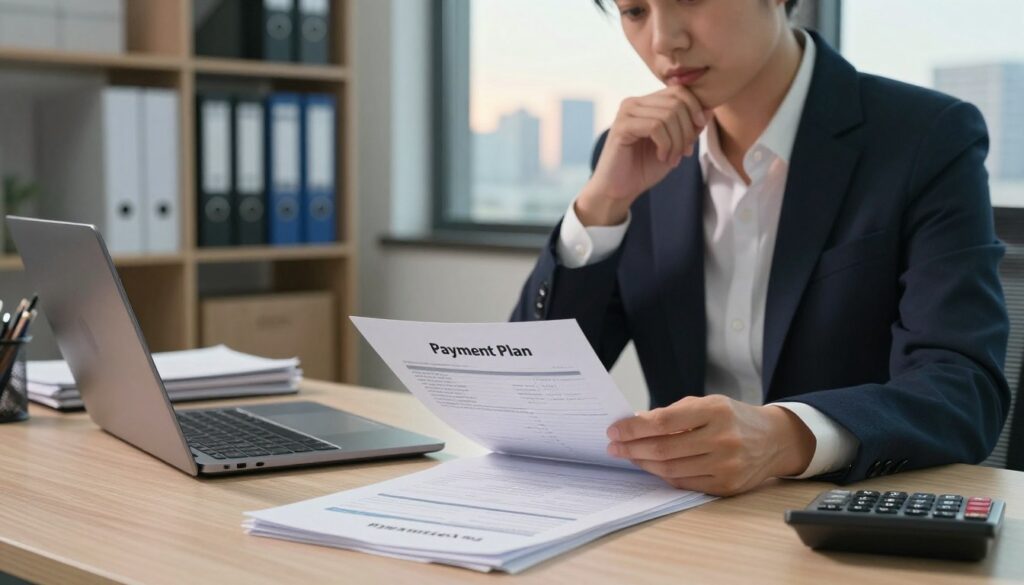 A professional office setting featuring a business table with a laptop open, papers scattered, and a calculator. In the foreground, a person in smart business attire sits at the table, thoughtfully reviewing documents related to a payment plan. Their expression reflects a sense of contemplation and resolve. In the middle, there are a few stacks of papers labeled "Payment Plan" and "Mandate", emphasizing the topic of installment payments. The background includes a modern office with shelves of files and a window showing a cityscape bathed in soft afternoon light, creating a calm and focused atmosphere. The composition is framed at eye level, using natural light to highlight the seriousness of the subject while maintaining a professional ambiance.