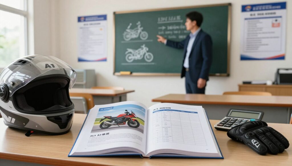 A professional setting depicting the components of a motorcycle training course for the A1 license. In the foreground, a detailed image of a motorcycle learner's handbook open on a table, surrounded by items such as a helmet, gloves, and a calculator, symbolizing the cost breakdown of courses and fees. In the middle ground, an instructor, dressed in smart casual attire, is pointing at a chalkboard with diagrams of motorcycle safety and exam requirements outlined. In the background, a classroom setting with posters about motorcycle categories and official exam notices on display. The atmosphere is focused and educational, with natural lighting coming from a window to create a warm, inviting mood, shot at eye level for an engaging perspective.