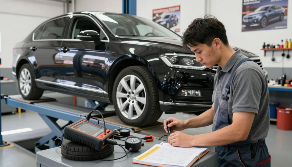A professional vehicle inspection scene featuring a mechanic in a modest polo shirt and work pants, meticulously examining a Volkswagen Passat B5 on a raised lift. The foreground displays detailed tools and inspection equipment, such as a diagnostic scanner, tire gauge, and rule book, emphasizing the technical nature of the examination. The middle ground showcases the vehicle with its sleek body kit, enhanced yet maintaining its original style, with clear reflections off the car's polished surface. In the background, a well-lit garage filled with automotive posters and tools sets an industrial atmosphere. Soft, natural lighting illuminates the scene, creating an atmosphere of professionalism and precision. The camera angle captures the mechanic's focused expression and the details of the vehicle, ensuring a clear representation of the technical inspection process.