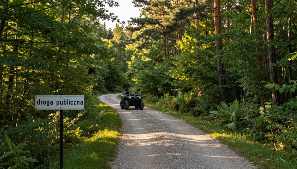 A serene forest landscape featuring a well-defined public road meandering through the trees, showcasing a variety of lush green foliage and tall pine trees. In the foreground, a gravel path that signifies a "droga publiczna" extends alongside a clear sign indicating public access. The middle ground should include a quad bike parked neatly beside the path, emphasizing its use in this environment. The lighting is soft and warm, reminiscent of golden hour, filtering through the branches to create dappled shadows on the ground. The perspective is slightly elevated, giving a comprehensive view of the surroundings. The mood is peaceful yet adventurous, reflecting the balance between nature and recreational use. No people or labels should be present in the image, maintaining a focus on the landscape and path.